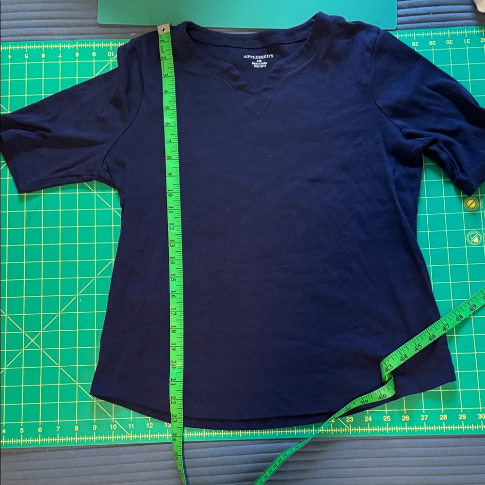 Appleseed's Navy Short Sleeve Cotton Knit Top with notched neckline, size PM